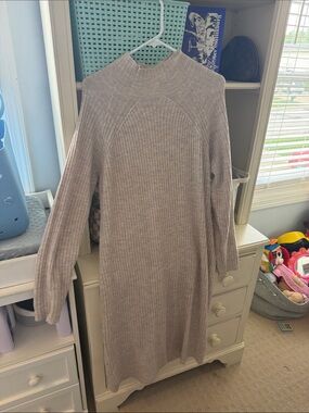 Ribbed Knit Long Sweater Dress in Light Taupe